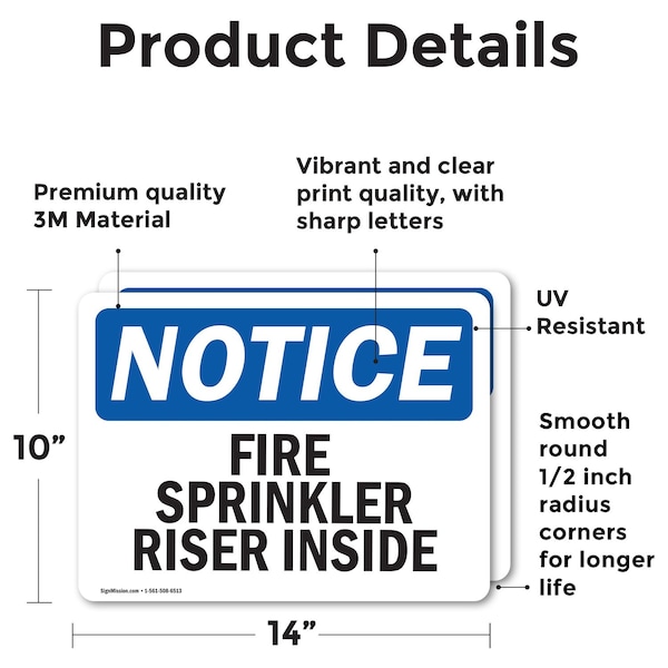 Fire Sprinkler Riser Inside OSHA Notice Sign, Vinyl Decal, 14in W X 10in L, 2PK